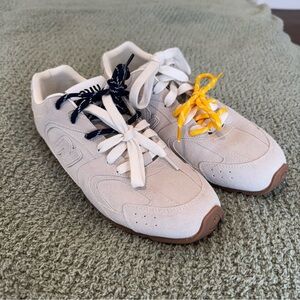 New Balance Beige Sneakers with Navy and Yellow Laces